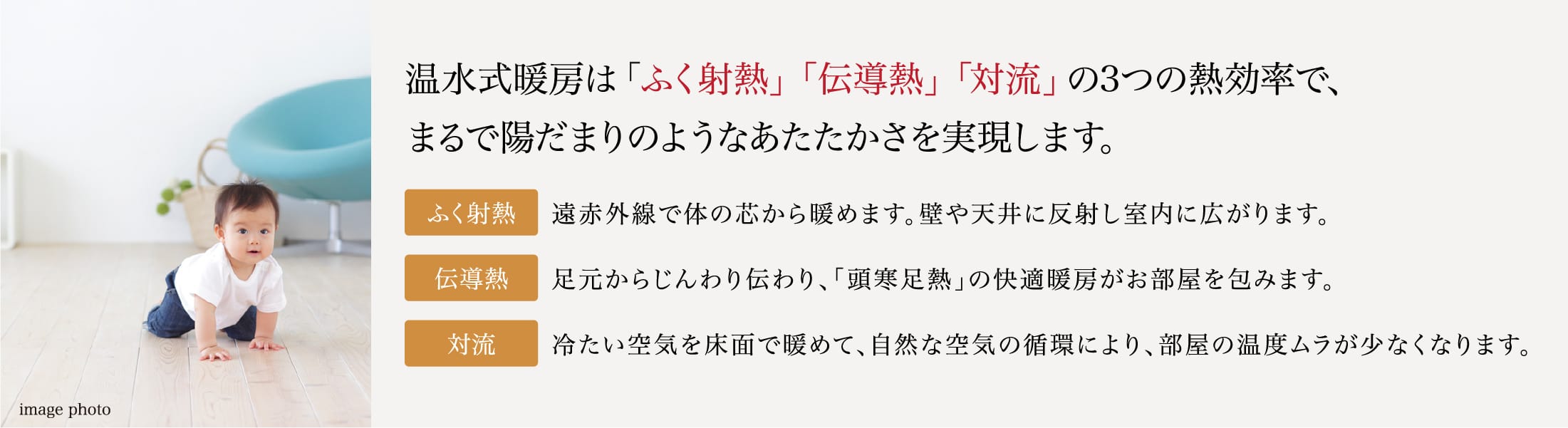 温水式暖房は「ふく射熱」「伝導熱」「対流」の3つの熱効率で、まるで陽だまりのようなあたたかさを実現します。