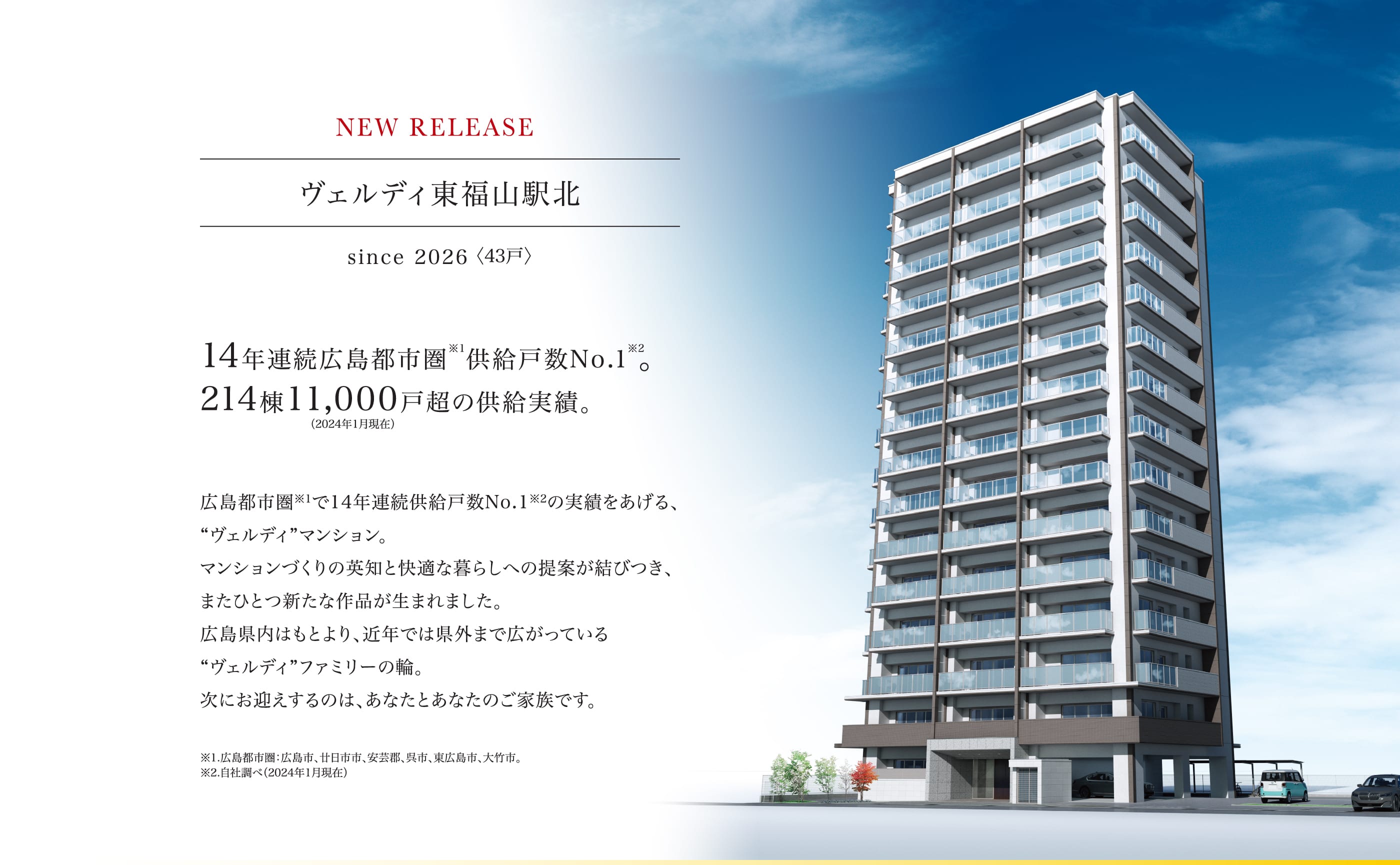 14年連続広島都市圏※1供給戸数No.1※2。214棟11,000戸超の供給実績。 広島都市圏※1で14年連続供給戸数No.1※2の実績をあげる、“ヴェルディ”マンション。マンションづくりの英知と快適な暮らしへの提案が結びつき、またひとつ新たな作品が生まれました。広島県内はもとより、近年では県外まで広がっている“ヴェルディ”ファミリーの輪。次にお迎えするのは、あなたとあなたのご家族です。